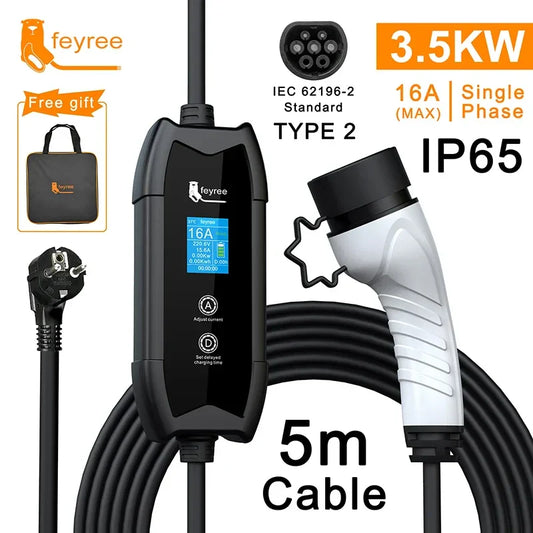 feyree Portable EV Charger Type2 16A 3.5kW GBT 5M Cable Type1 Charging Box with Setting Delay Time for Electric Vehicle Car by 54Grid - Renewable Energy Store