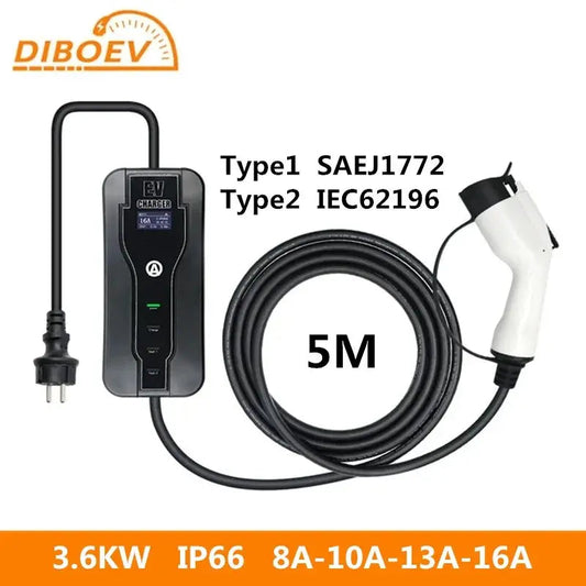 Car Portable EV Charger Electric Vehicle Type1 Type2 GBT Plug 16A 5M SAE J1772 IEC62196 EVSE Controller Charging Stations - 54Grid - Renewable Energy Store