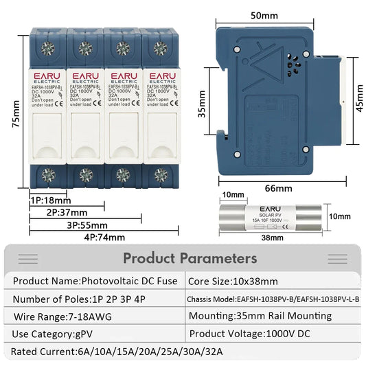 1P 2P 3P 4P Solar DC Fuse Holder High Voltage Solar PV DC 1000V Photovoltaic 6A-32A Photovoltaic System Protection Protector gPV