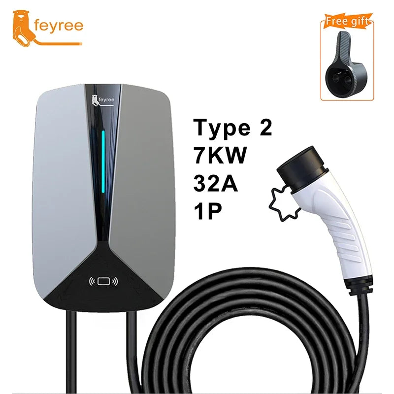 feyree Type2 32A 7.6KW 1Phase EV Charger EVSE Wallbox RFID Cards Version 5m Cable Charging Station for Electric Vehicle Car