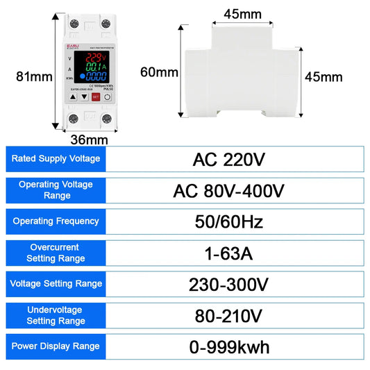 Din Rail Dual Display Adjustable Over Voltage Current and Under Voltage Protective Device Protector Relay 63A 220V 230V KWH by 54Grid - Renewable Energy Store