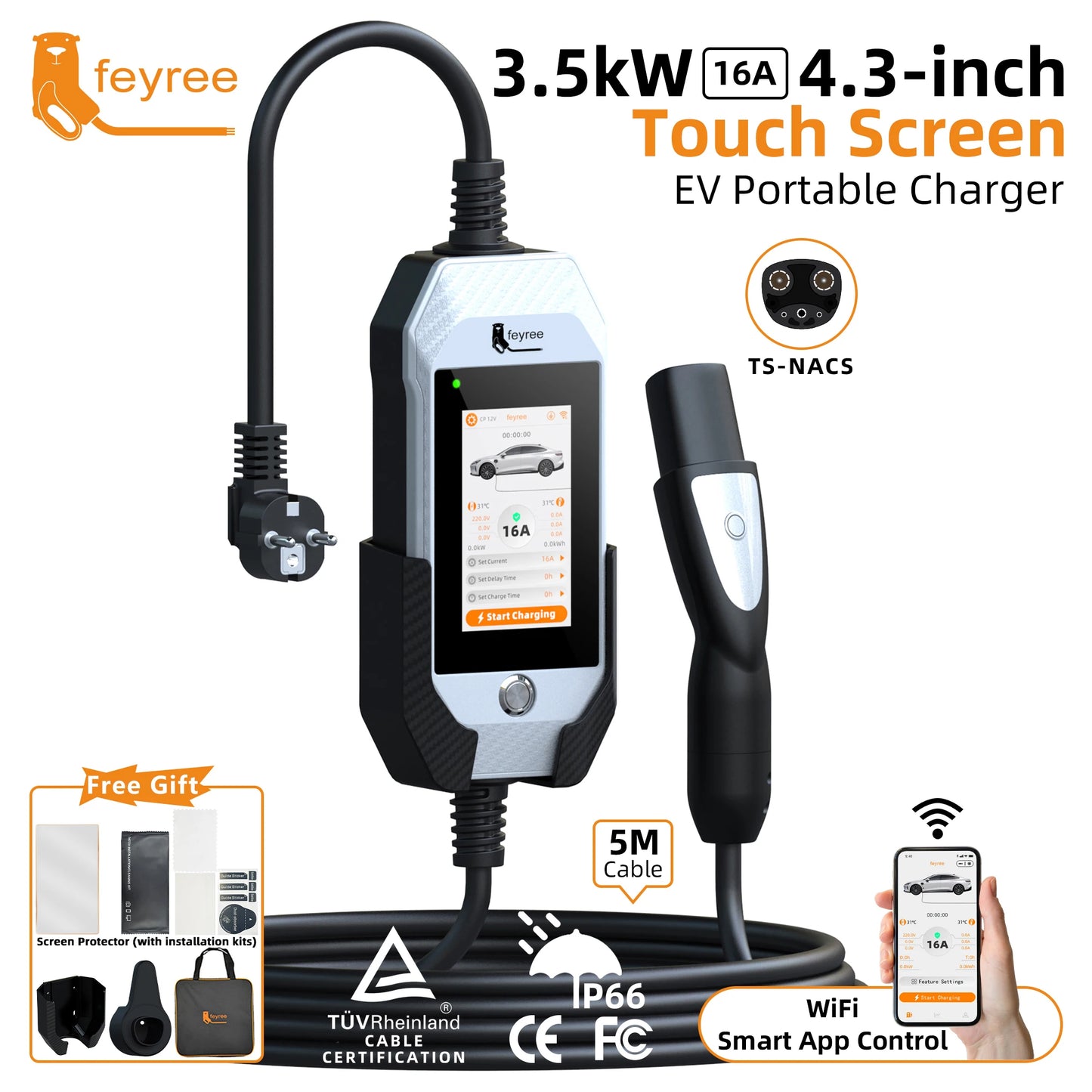 feyree Portable EV Charger For Tesla 3.5kW 16A 1Phase 4.3in Touchscreen With WiFi APP Control with Box Holder For EV Car Charger
