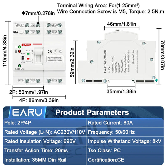 2P 4P 80A AC 230V 110V Automatic Transfer Switch Mini ATS Solar PV Dual Power Electrical Selector Switches Uninterrupted Power