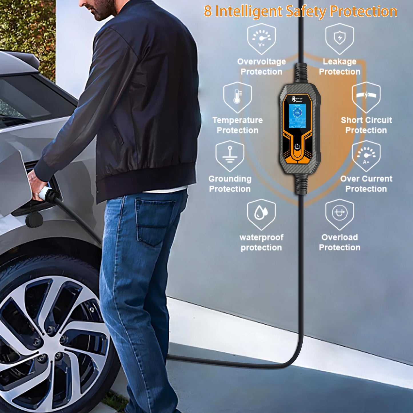 feyree Type1 j1772 7kW 32A 1Phase Portable EV Charger Wallbox with CEE Plug EVSE Charging Box for Electric Car Charger 5m Cable