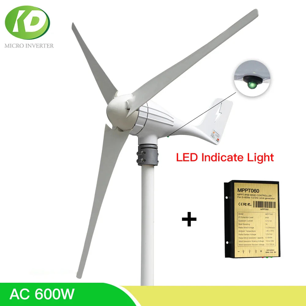 Wind Turbine High Efficient 600W Generator 12V 24V Home Small Windmill LED Indicate Light Free MPPT Charge Controller - 54Grid - Renewable Energy Store