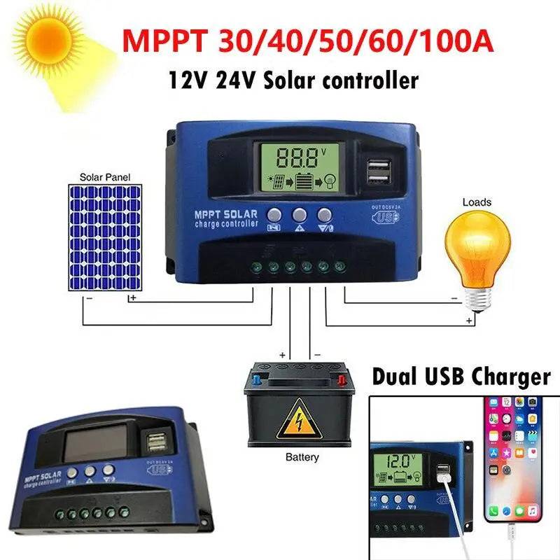Solar  Charge Controller 100/60/50/40/30A Dual USB LCD Display 12/24V - 54Grid - Renewable Energy Store