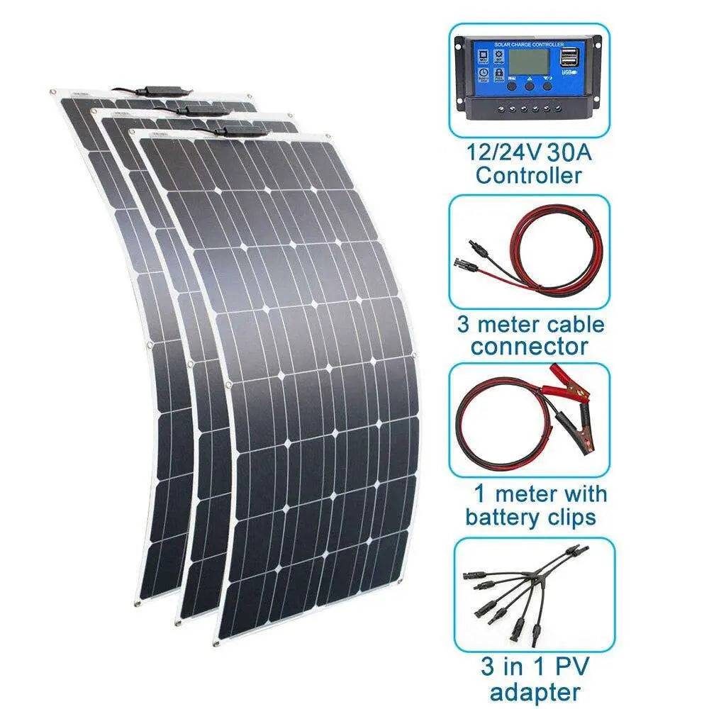 Solar Panel Black Monocrystalline Cell ETFE PET 300w 200w 100w Flexible 12V 24V Battery Charger 1000w Home Complete System Kit - 54Grid - Renewable Energy Store