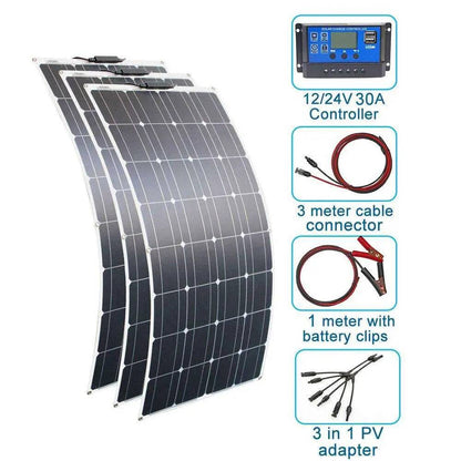 Solar Panel Black Monocrystalline Cell ETFE PET 300w 200w 100w Flexible 12V 24V Battery Charger 1000w Home Complete System Kit - 54Grid - Renewable Energy Store