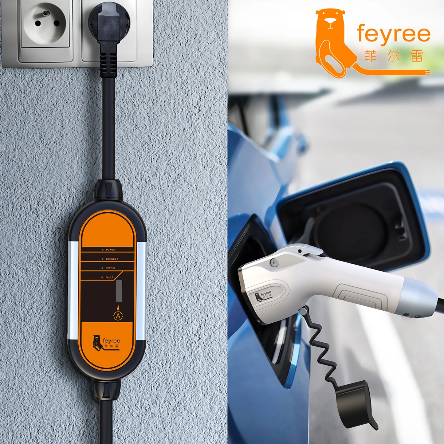 feyree EV Portable Charger Type2 5m Cable 3.5KW 16A IEC62196 Socket 1Phase Type1 j1772 Socket with Schuko Plug for Electric Car