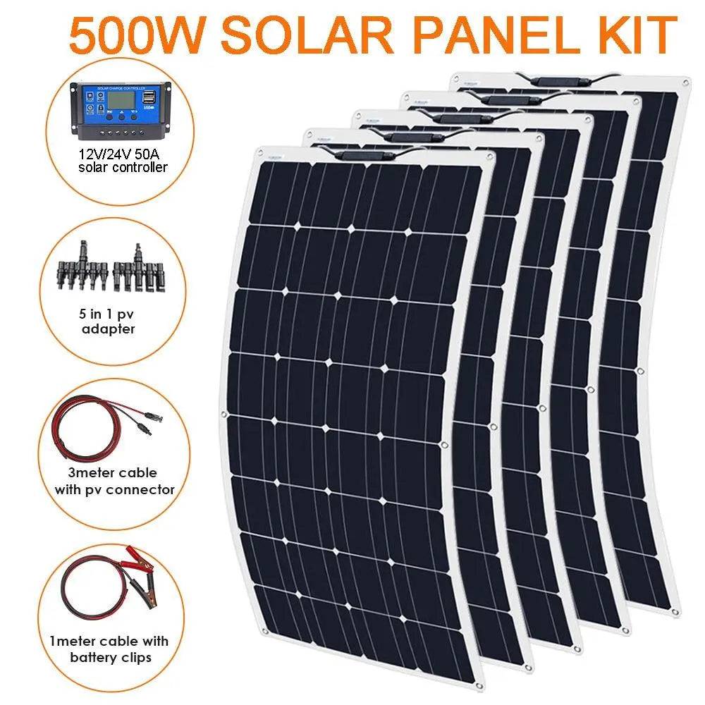 Solar Panel High Efficiency 100w 500w Charger Portable 12v 24v Battery Controller System Flexible Set Camping Power Bank - 54Grid - Renewable Energy Store