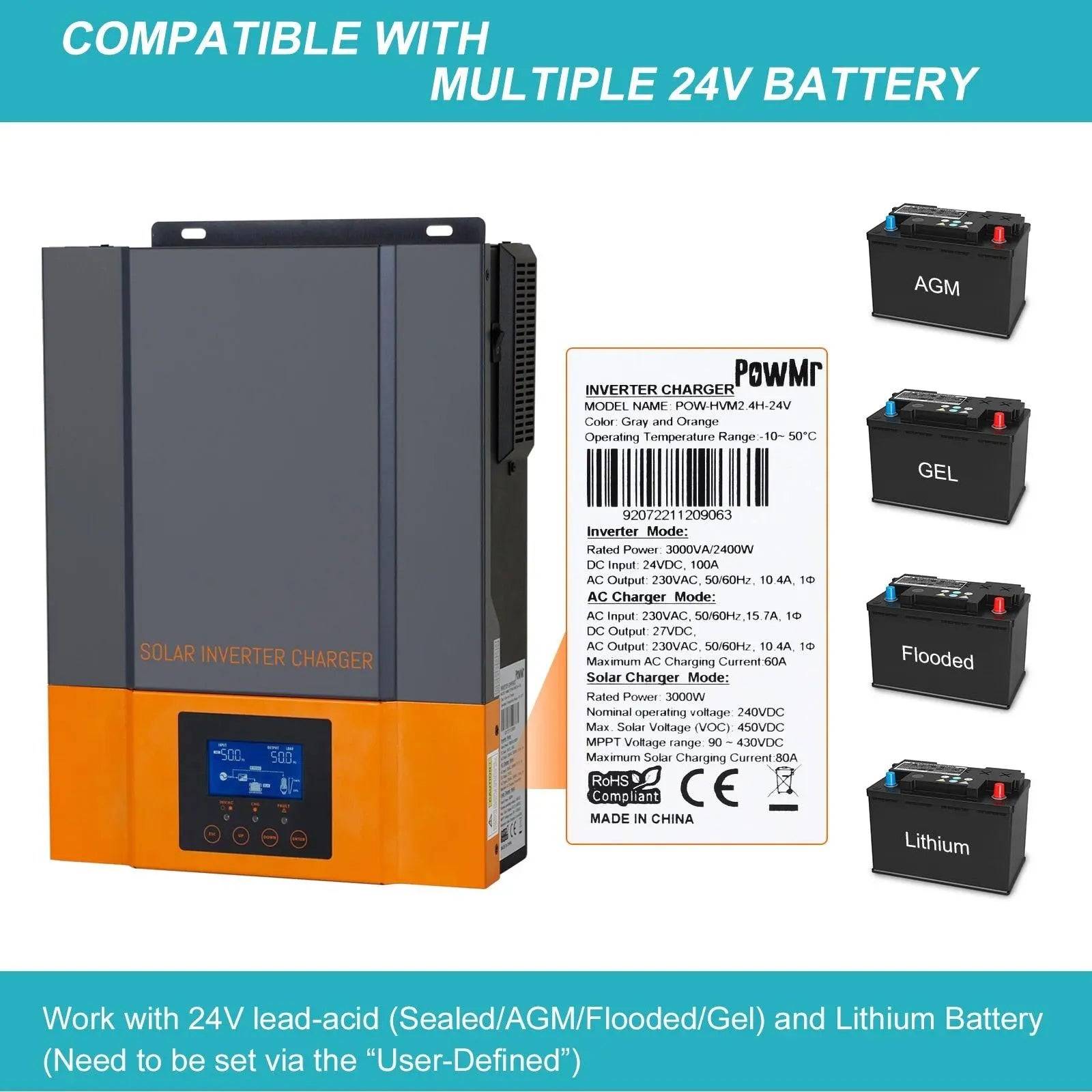 Hybrid Inverter POWMR MPPT 80A Solar Charger 24V 2400W 230V Output Max PV 450VDC Support WIFI - 54Grid - Renewable Energy Store