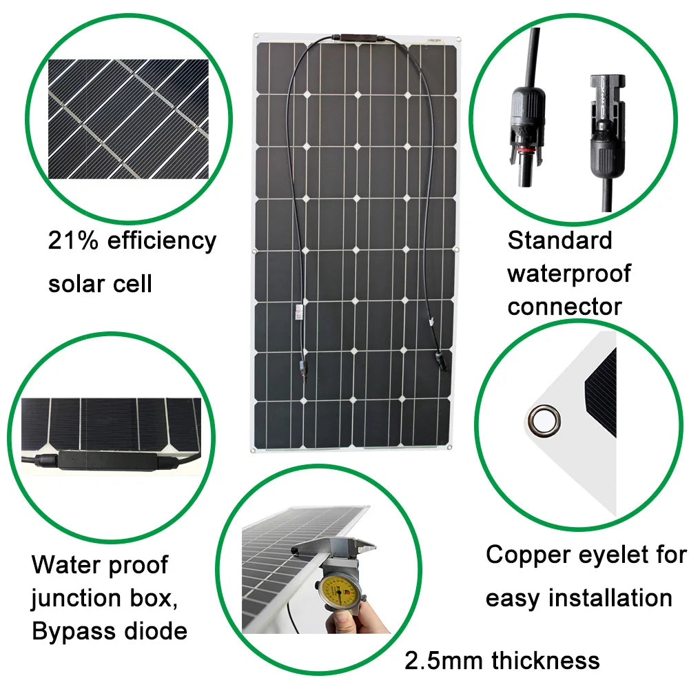 1000w flexible solar panel 12v 24v panel solar 100w monocrystalline  battery charger for rv electric car camping yacht - 54Grid - Renewable Energy Store