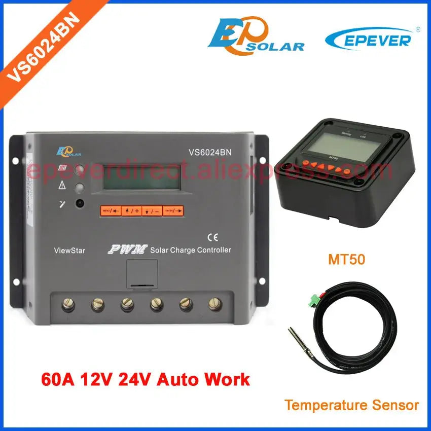 12v 24v auto type 60A Solar Controller VS6024BN 60amp USb cable and MT50 remote meter temperature sensor PWM EPEVER - 54Grid - Renewable Energy Store