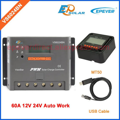 12v 24v auto type 60A Solar Controller VS6024BN 60amp USb cable and MT50 remote meter temperature sensor PWM EPEVER - 54Grid - Renewable Energy Store