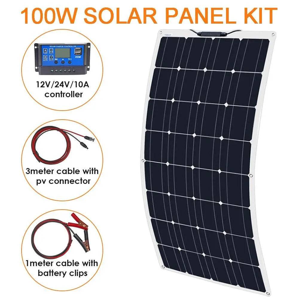 Solar Panel High Efficiency 100w 500w Charger Portable 12v 24v Battery Controller System Flexible Set Camping Power Bank - 54Grid - Renewable Energy Store