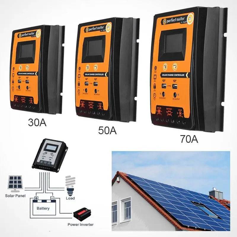 Solar Charge Controller 12/24V 70A  Panel Battery Regulator Dual USB 5V LCD Display - 54Grid - Renewable Energy Store