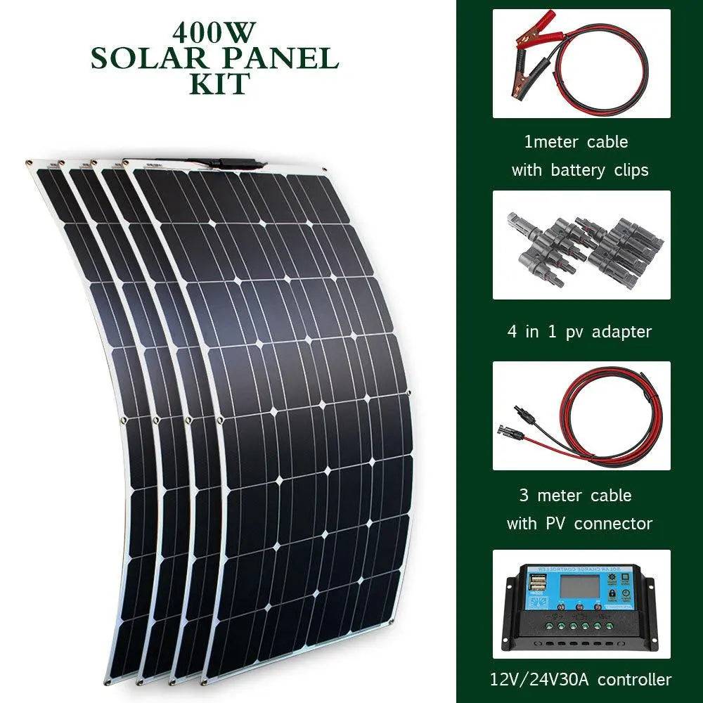 Solar Panel Waterproof 100 W 400w Flexible Set Kit 12v 16v  24v Battery Car Rv Home Outdoor Power Camping Charging - 54Grid - Renewable Energy Store