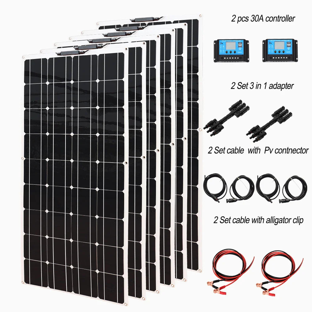 Solar panel kit Flexible Module 18V 120W 240w 360w 480w 600w 720w 12V or 24v photovoltaic for Motorhome Battery  Home Charger - 54Grid - Renewable Energy Store