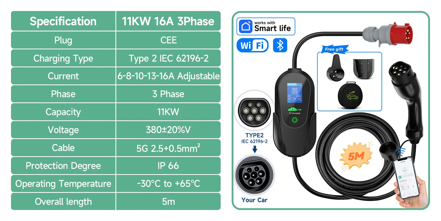 AFYEEV Type2 Portable EV Charger 11KW 16A 3 Phase GBT Electric Car Charger Wi-Fi APP Bluetooth Version Remote Control CEE Plug