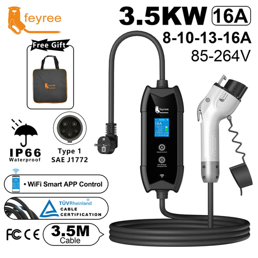 feyree Type1 Portable EV Charger 3.5m Cable with WIFI APP Control 16A 3.5kW Set Charging&DelayTime for EV Cars,Plug customizable