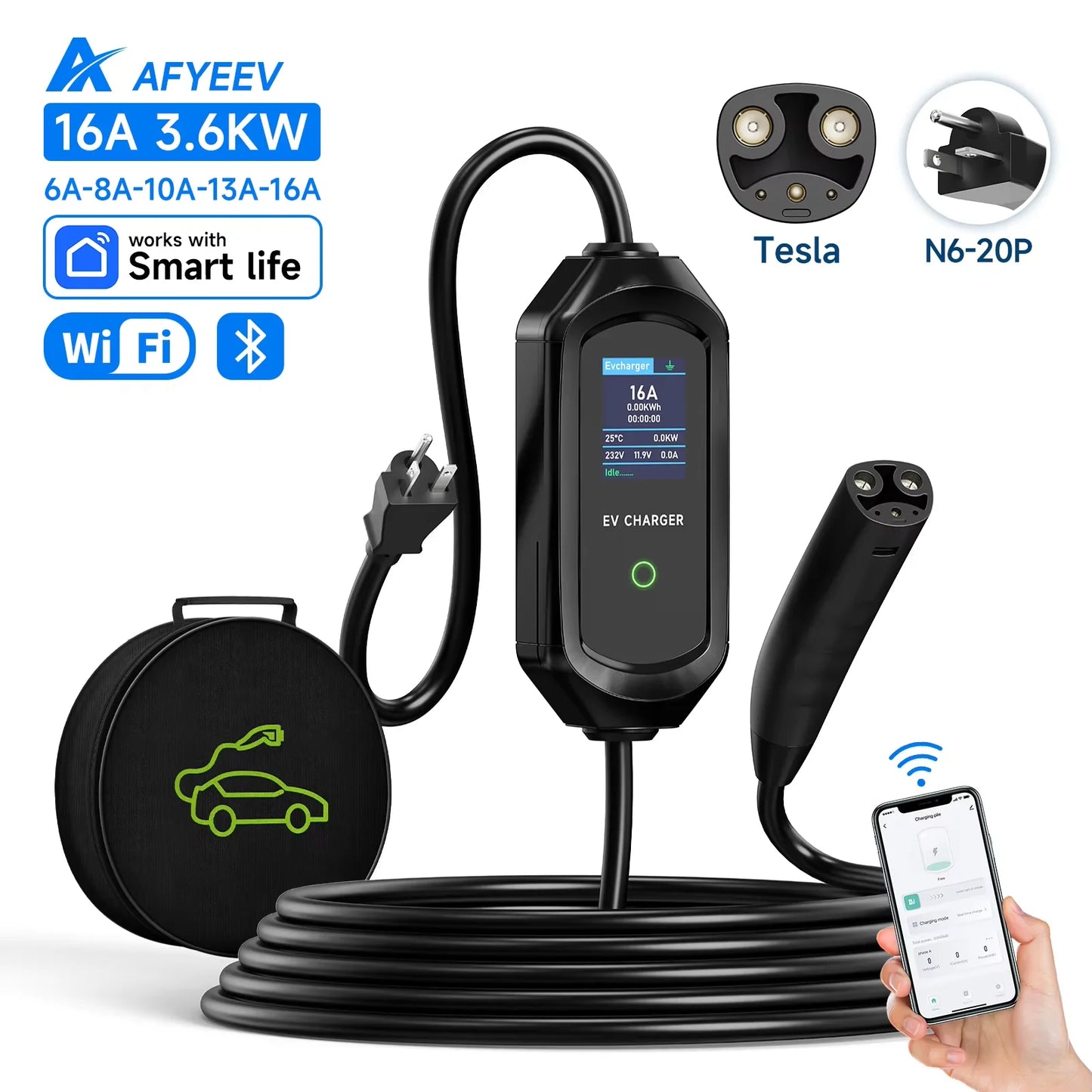 AFYEEV 16A/32A Portable EV Charger For Tesla EVSE Charging Box EU US CEE Plug Electric Car Charger For Tesla Model X/Y/S/3