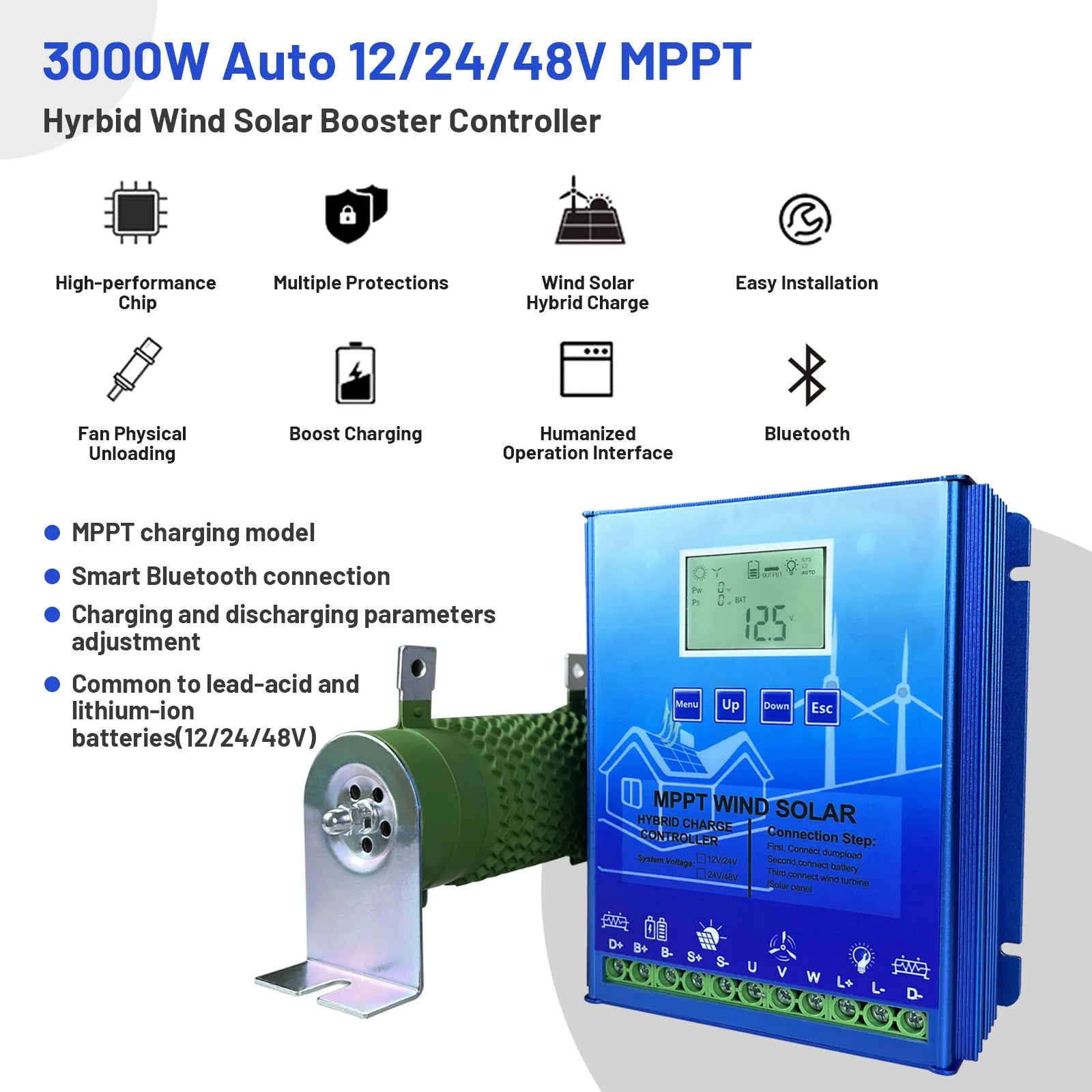 12V 24V 48V 2000W MPPT Hybrid Wind Solar Charge Controller With LCD Display And Bluetooth For Lifepo4 Batteries by 54Grid - Renewable Energy Store