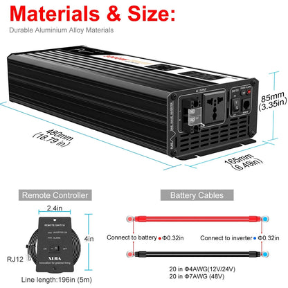 3000W pure sine wave solar car power inverter 12V/24V/48V DC to 110V 220V AC LCD screen - 54Grid - Renewable Energy Store