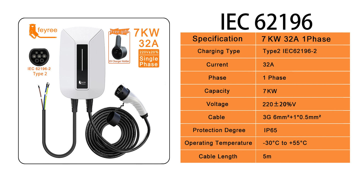 feyree EV Charger Type2 Plug EVSE Wallbox 32A 7KW IEC62196-2 Socket 1 Phase 5m Cable Wallmount Charging Station for Electric Car