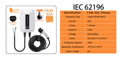 feyree EV Charger Type2 Plug EVSE Wallbox 32A 7KW IEC62196-2 Socket 1 Phase 5m Cable Wallmount Charging Station for Electric Car