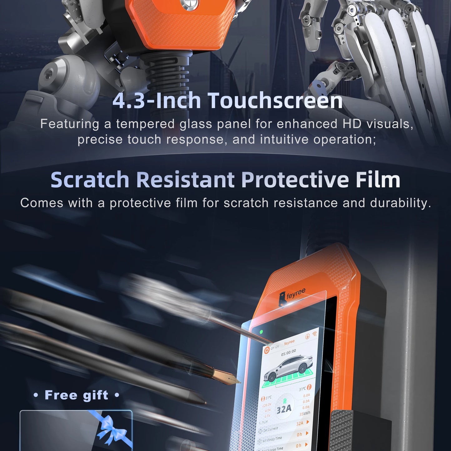 feyree Touch Screen Portable EV Charger Type2 / Type1 / GBT / TS-NACS Socket EV Charger 32A 7KW 1 Phase Smart APP Wi-Fi Control