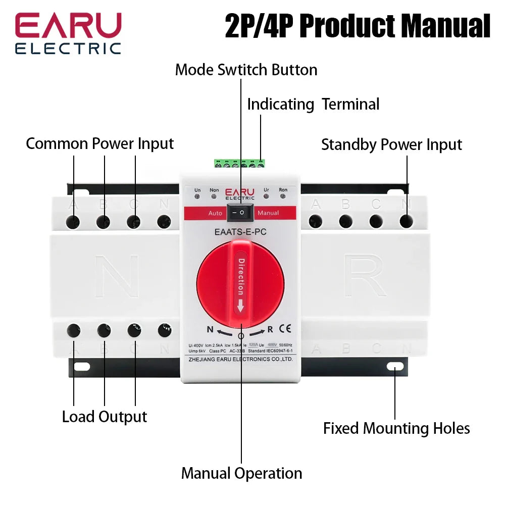 2P 4P 63A 125A ATS PV Dual Power Automatic Transfer Switch AC220V 400V 50/60Hz Type MCB Auto Manual Sal Switches Circuit Breaker