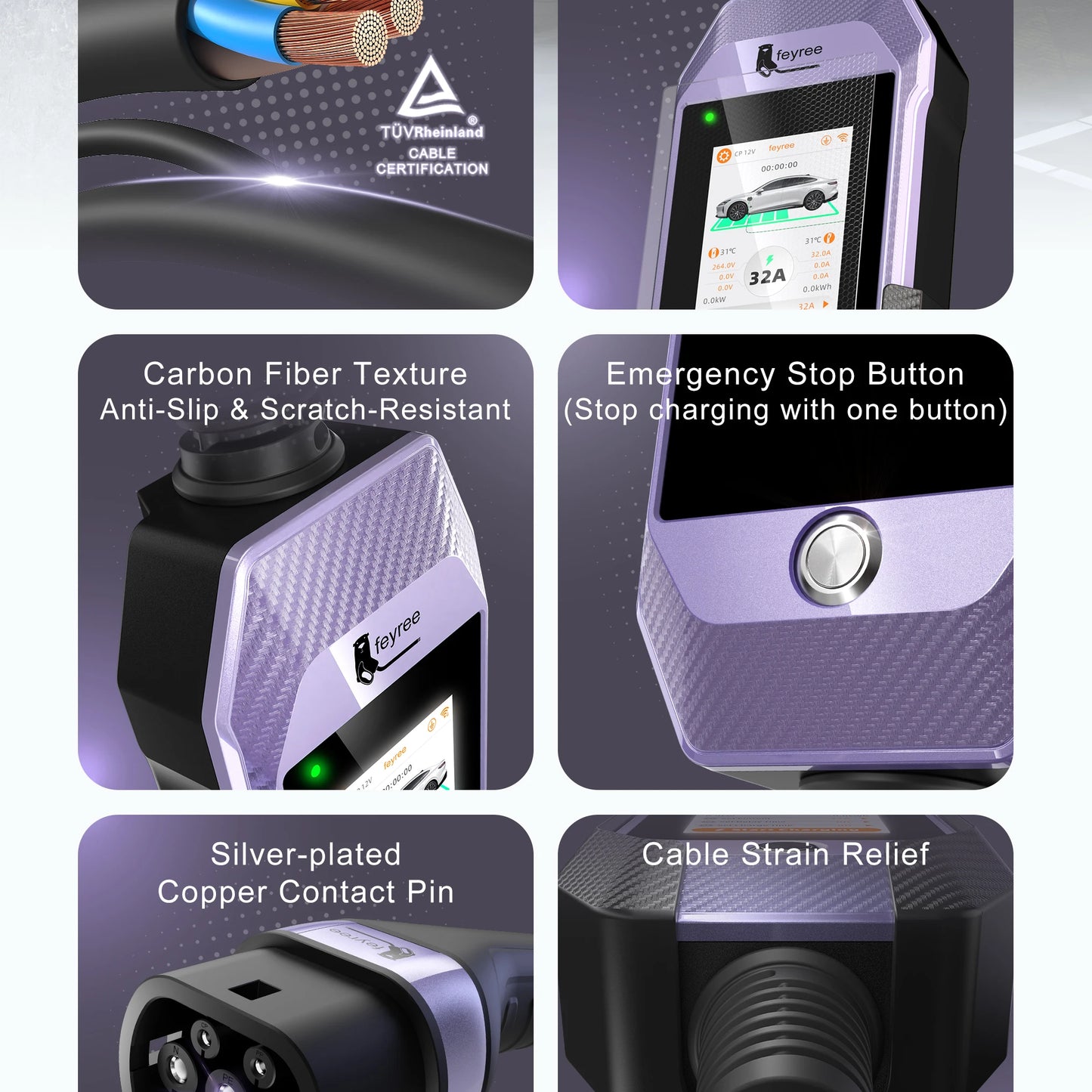 feyree Type2 /Type1 /GBT /TS-NACS 4.3inch Touch Screen EV Charger 32A 7kW 1P Portable Charger Smart APP WiFi Control for EV Cars