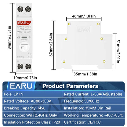 eWeLink WiFi Smart Circuit Breaker 1P+N 63A MCB Timer Relay Switch Energy Metering kWh Voltage Current Protector Remote Control