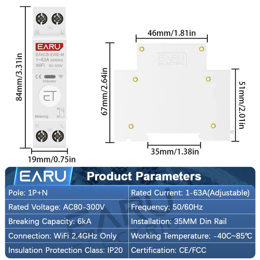 eWeLink WiFi Smart Circuit Breaker 1P+N 63A MCB Timer Relay Switch Energy Metering kWh Voltage Current Protector Remote Control