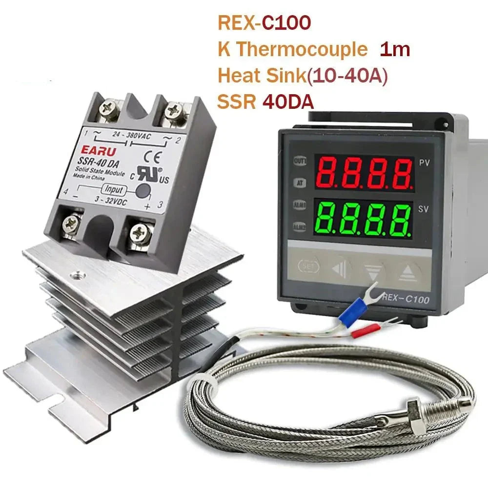 Digital PID Temperature Controller Thermostat REX-C100 + Max 40A SSR SSR-40DA Relay + K Thermocouple M6 1M Probe with Heat Sink by 54Grid - Renewable Energy Store