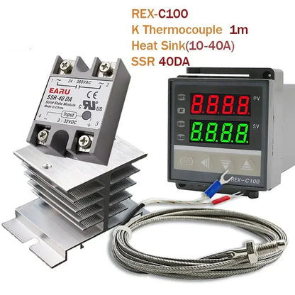 Digital PID Temperature Controller Thermostat REX-C100 + Max 40A SSR SSR-40DA Relay + K Thermocouple M6 1M Probe with Heat Sink by 54Grid - Renewable Energy Store