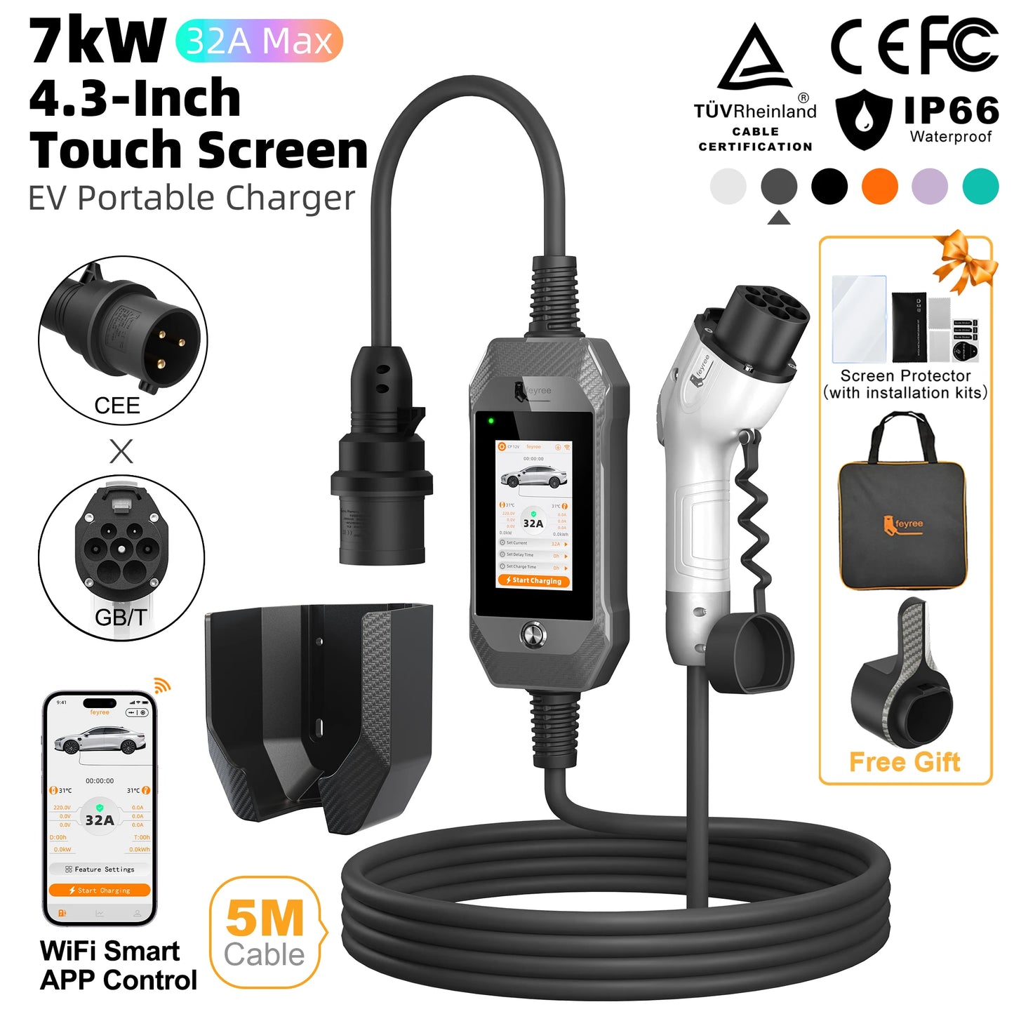 feyree GB/T EV Charger 7kW 32A 1P Touch Screen 4.3inch Smart WIFI APP Control EVSE Portable Charging Box forElectric Car Charger