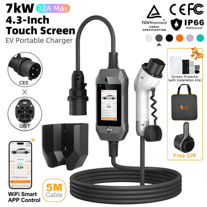 feyree GB/T EV Charger 7kW 32A 1P Touch Screen 4.3inch Smart WIFI APP Control EVSE Portable Charging Box forElectric Car Charger