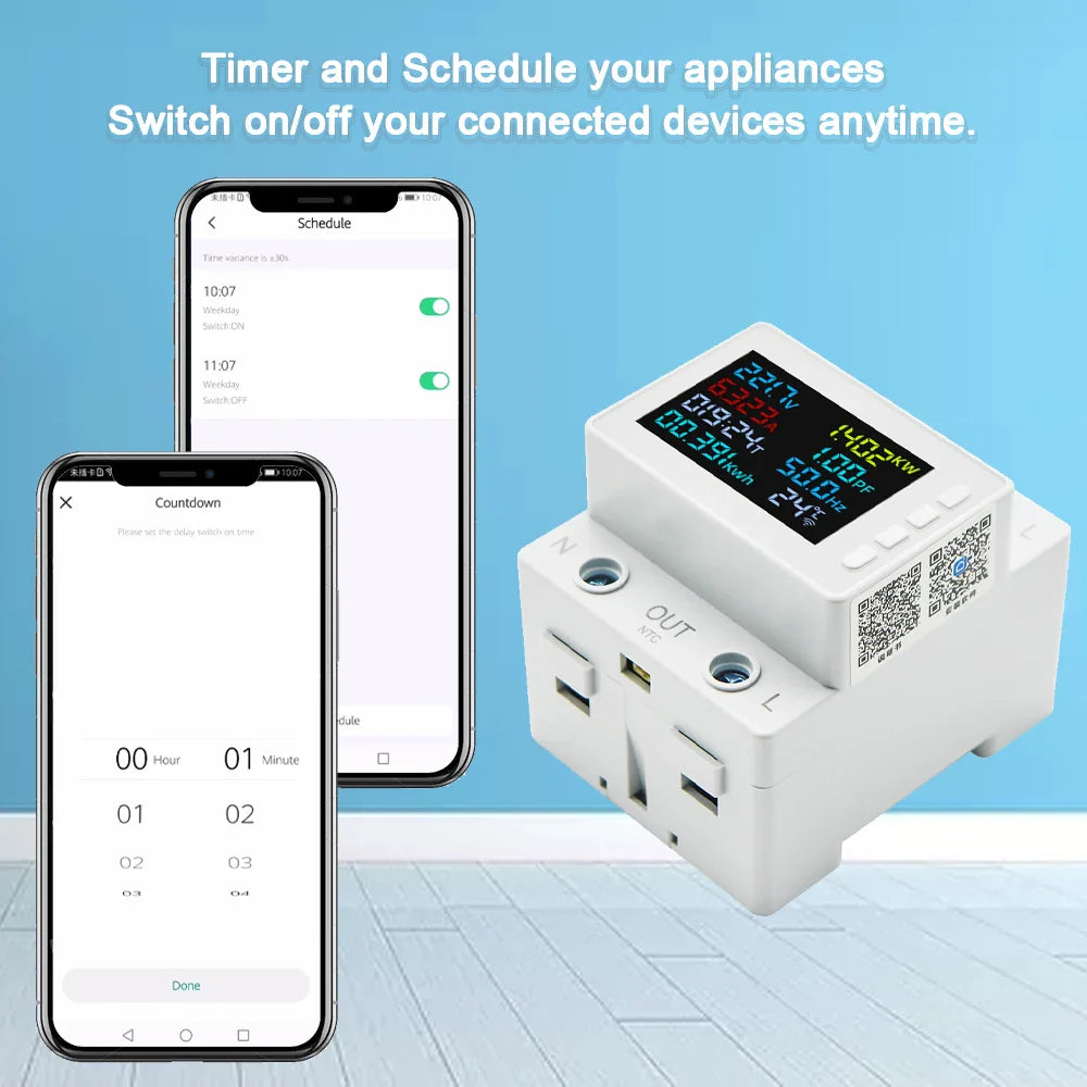 TUYA WiFi Smart Power Meter Over Under Voltage Protection Relay Switch Circuit Breaker Energy kWh Temperature Meter Smart Life by 54Grid - Renewable Energy Store