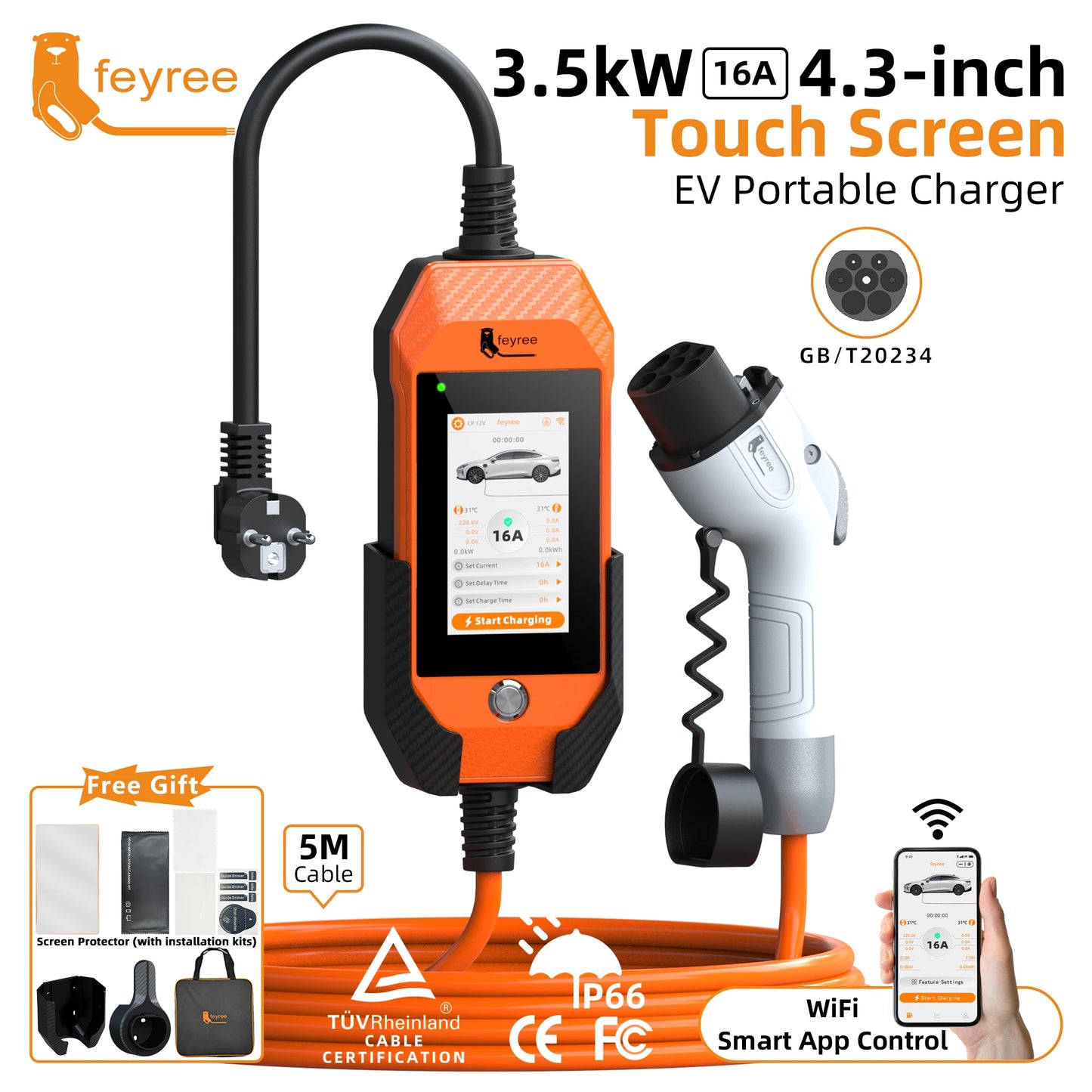feyree GB/T EV charger 16A 3.5kW 1Phase 4.3'' Touchscreen & Smart APP OTA Version Current Adjustable for Electric Car Charger