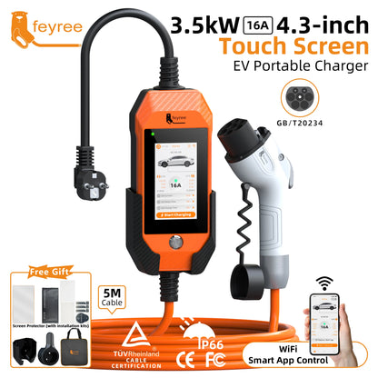 feyree GB/T EV charger 16A 3.5kW 1Phase 4.3'' Touchscreen & Smart APP OTA Version Current Adjustable for Electric Car Charger