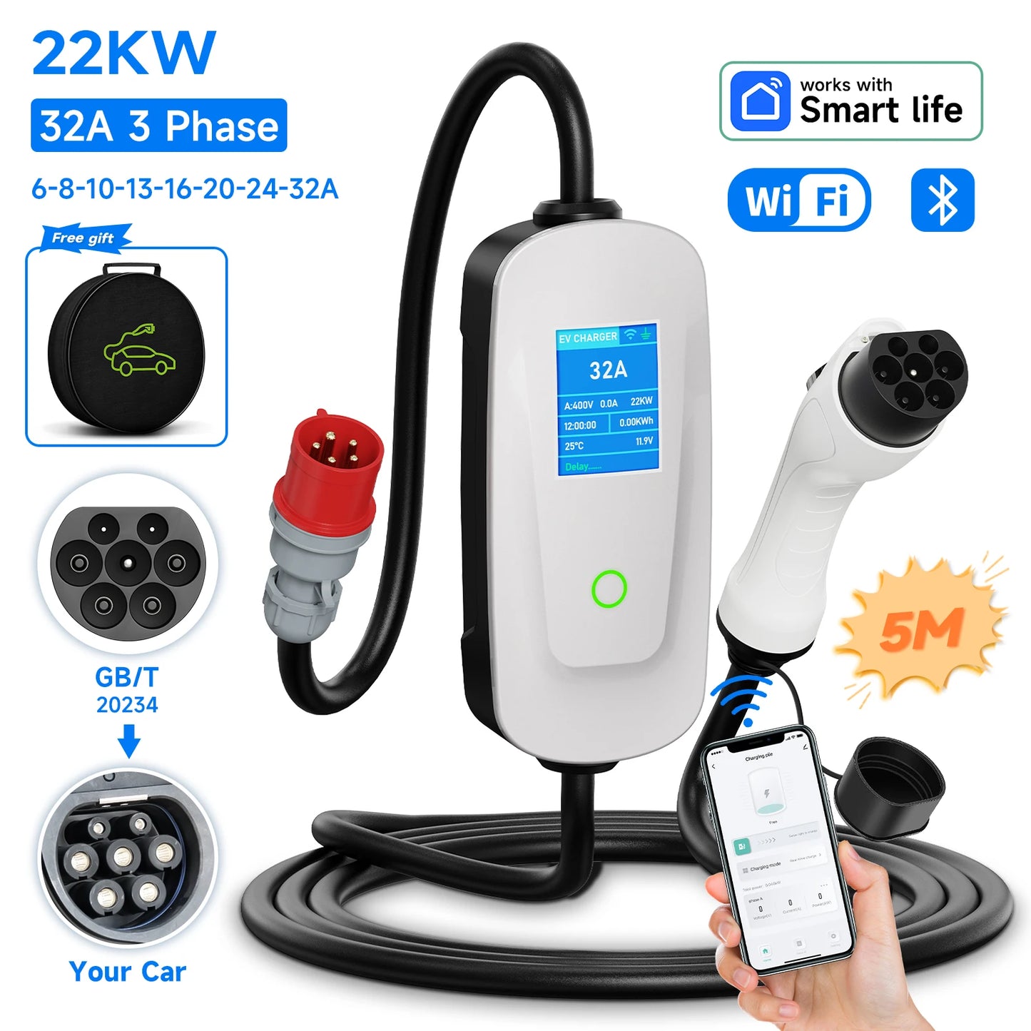 GB/T Portable EV Charger 3.6KW 7.2KW 11KW 22KW WiFi Bluetooth APP Control Adjustable Current IP65 Waterproof with 5m Cable and 2.8" LCD Display
