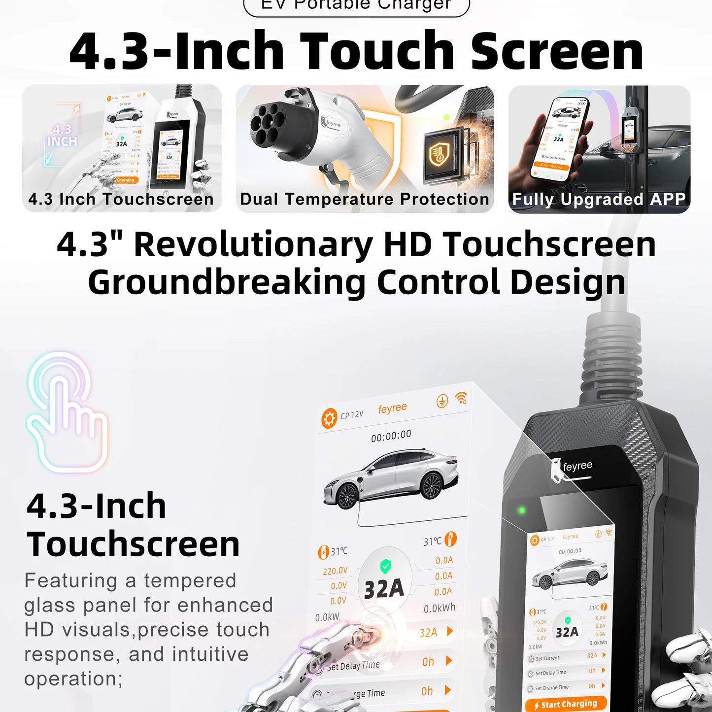 feyree GB/T EV Charger 7kW 32A 1P Touch Screen 4.3inch Smart WIFI APP Control EVSE Portable Charging Box forElectric Car Charger