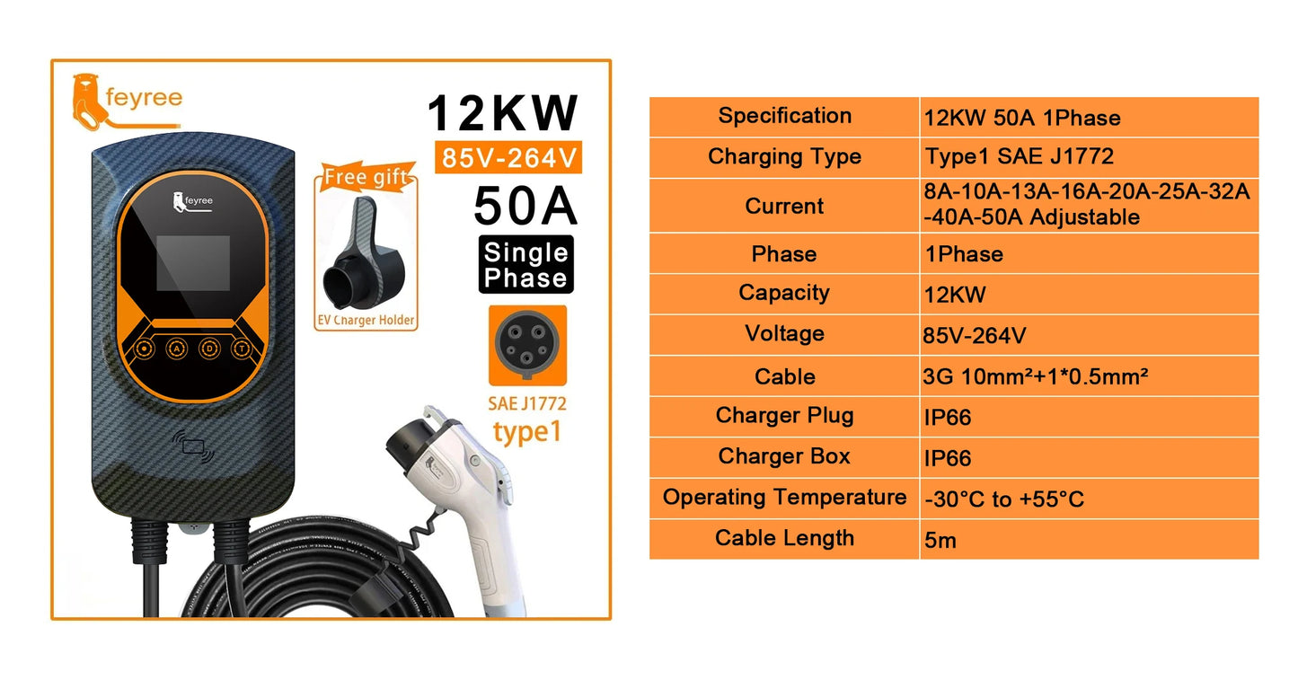feyree EVSE Wallbox EV Charger Type1 50A 12KW Fast Charging 32A 7.6KW 40A 9.6KW Single Phase Charging Station for Electric Car