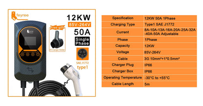feyree EVSE Wallbox EV Charger Type1 50A 12KW Fast Charging 32A 7.6KW 40A 9.6KW Single Phase Charging Station for Electric Car