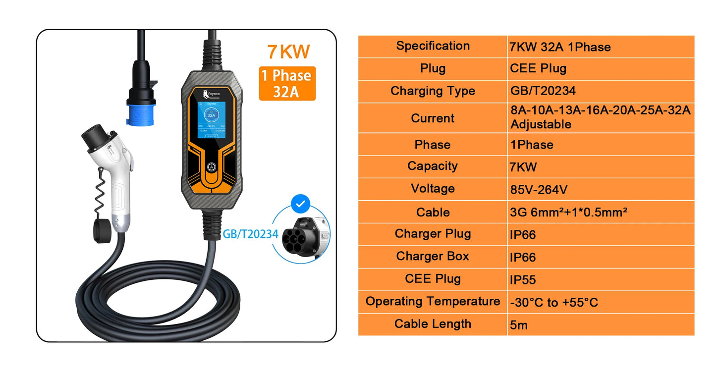 feyree GB/T Cord 7KW 32A 1Phase EV Charger 5m Charging Cable Portable Charging Box Current Adjustable for Electric Vehicle Car