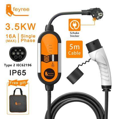 feyree Type2 16A 3.5KW Portable EV Charger EVSE Charging Cable 5m with Schuko Plug Current Adjustable for Electric Car Charger