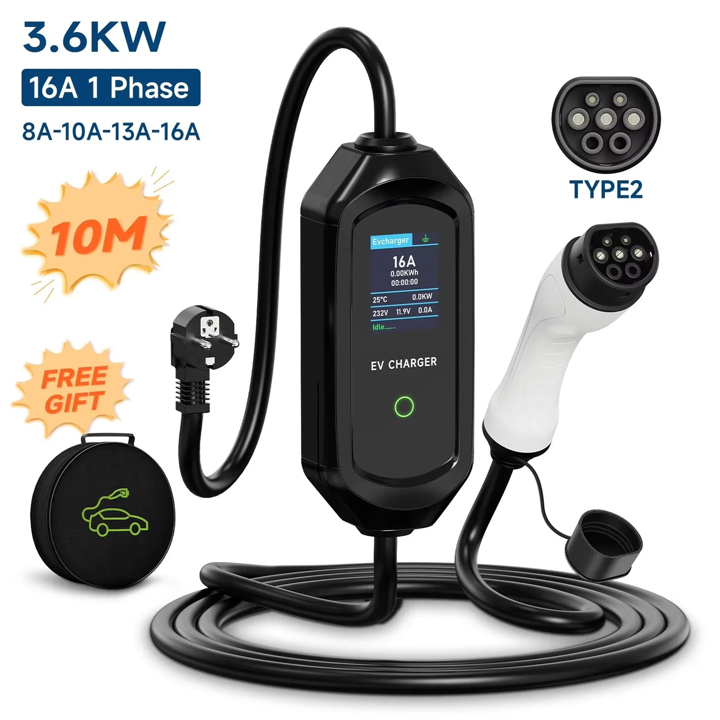 AFYEEV Portable Type2 IEC62196-2 EV Charger 16A GB/T EVSE Charging Cable Type1 SAE J1772 EU Plug Controller Wallbox for Car