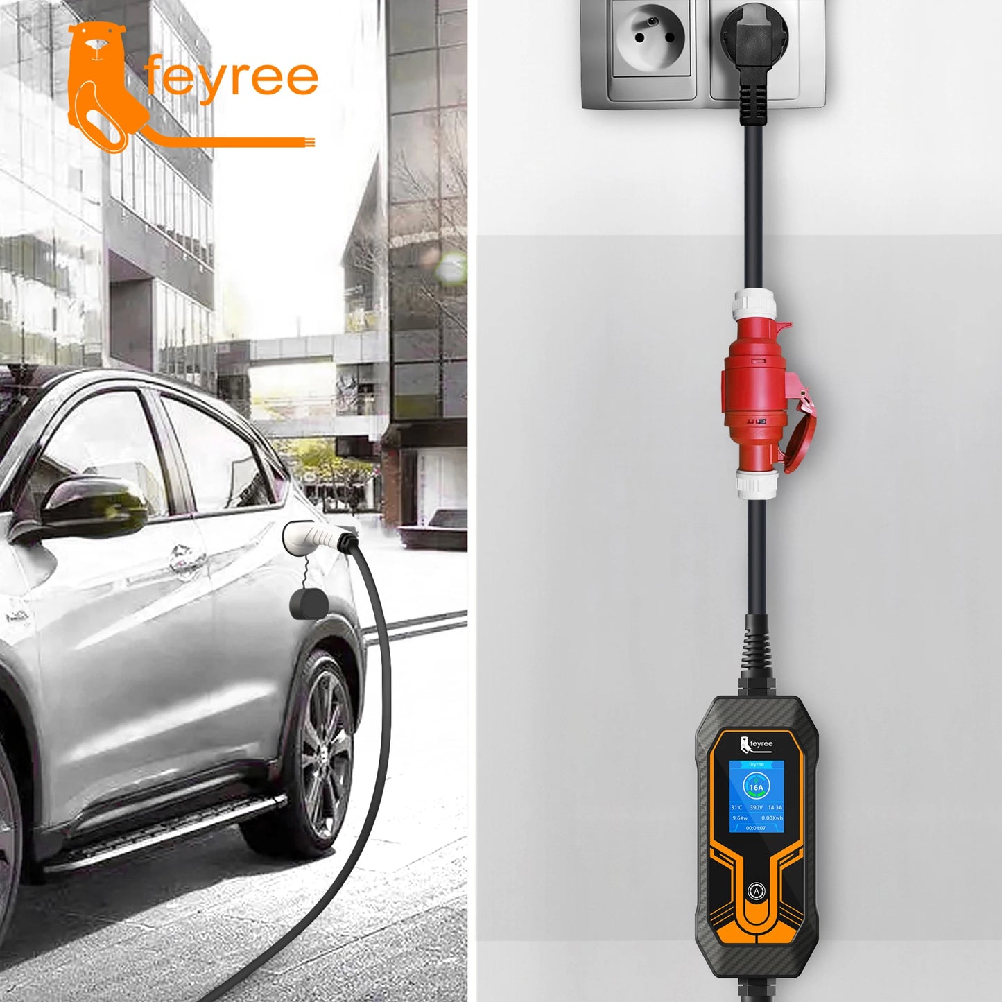 feyree EV Charger CEE Female Plug Adapter Waterproof Connection WallMount Socket 16A/32A 1/3Phase 7kW 11kW 22kW Portable Charger