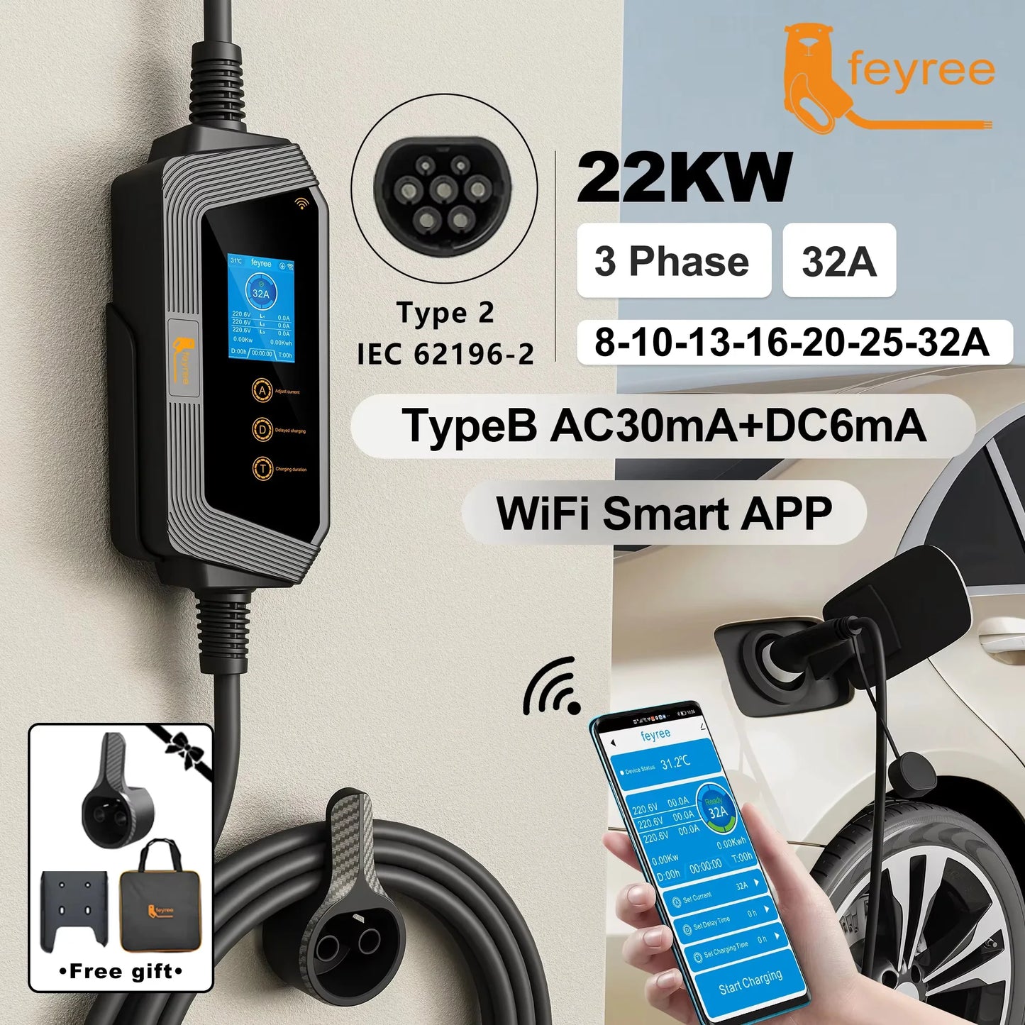 feyree Type2 22KW 32A 3Phase EV Charger Wi-Fi APP Control EVSE Portable Charging Box Charging Station for Electric Car Charger